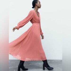Zara Pink PLEATED MIDI DRESS  Size S